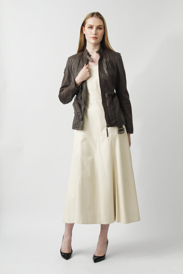 Taillierte Damen Lederjacke mit Gürtel aus Lammnappa braun