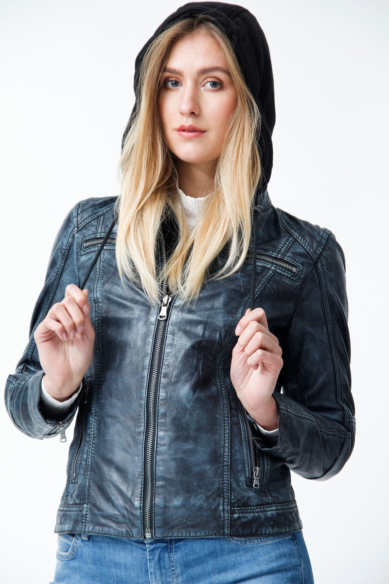 Damen Bikerstyle Lederjacke, Lammnappa Jeansblau washed Look mit Stoffkapuze abtrennbar