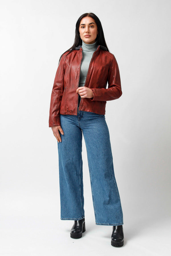 Damen Bikerstyle Lederjacke, Lammnappa rot tailliert vintage Look mit Stoffkapuze