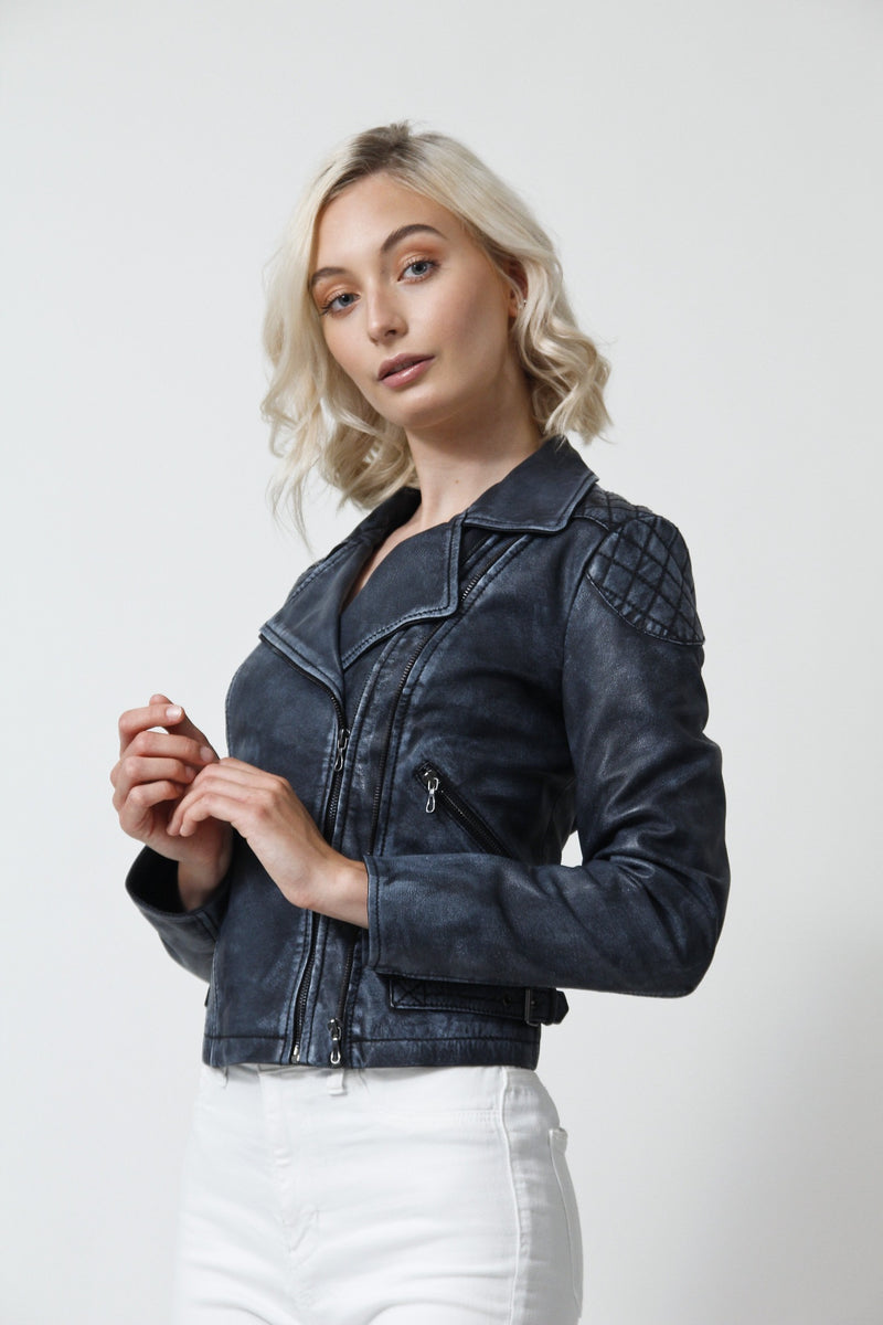 Kurze Damen Biker Lederjacke in Lammnappa Jeansblau im vintage Look