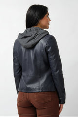 Kurze Bikerstyle Damenlederjacke in Navy vintage Lammnappa mit abnehmbare Kapuze
