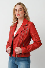 Damen Biker Lederjacke Rot Lammnappa mit Steppnähte und viele Zipper