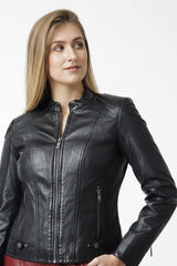 Damen Bikerstyle Lederjacke aus Lammnappa in schwarz mit Stehkragen
