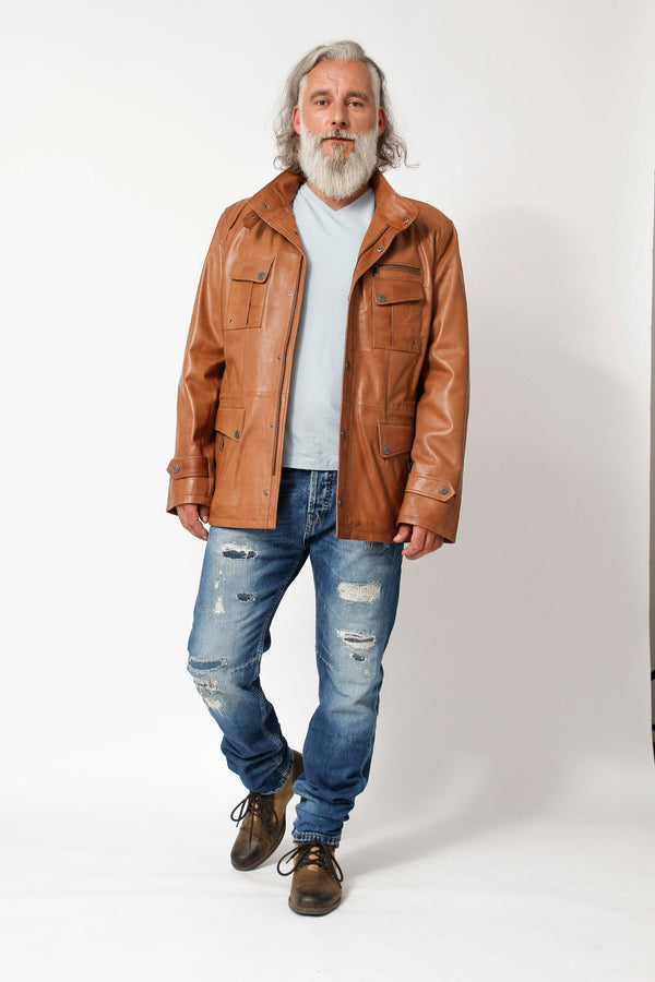 Sportlicher Herren Lammnappalederparka in Cognac washed Look unwattiert mit Stehkragen