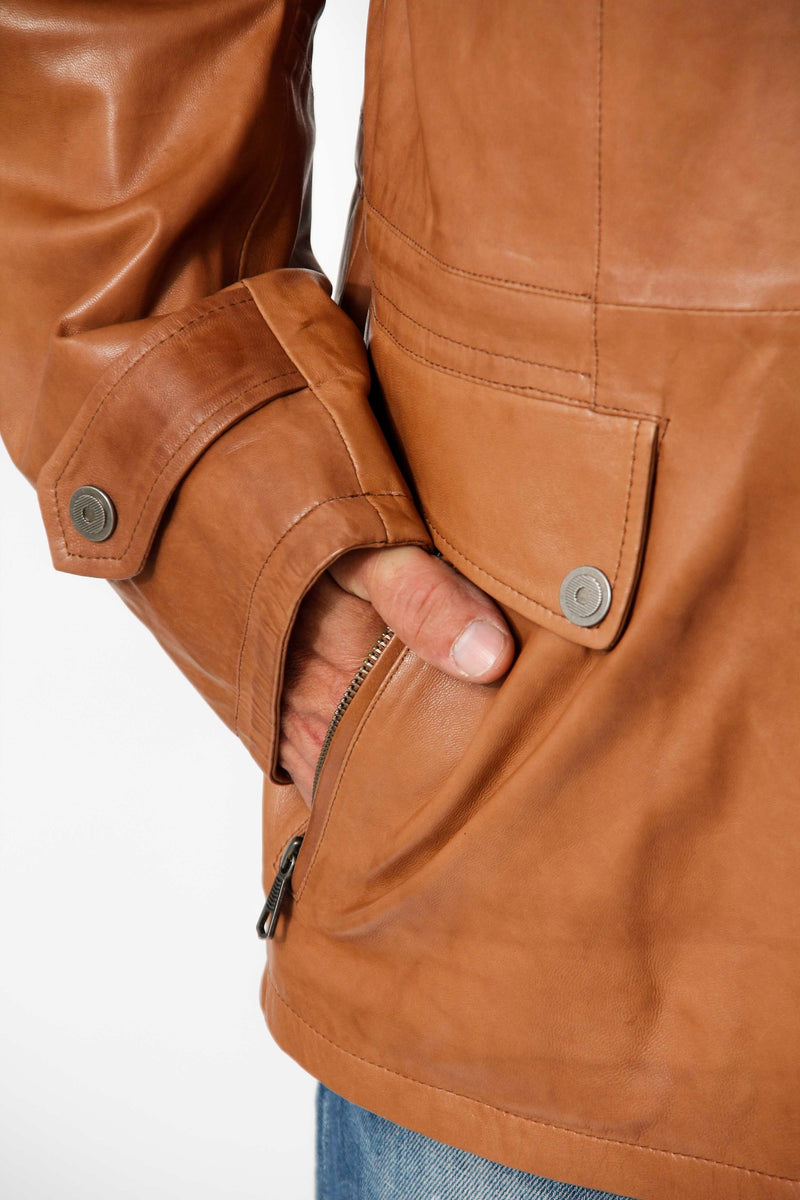 Sportlicher Herren Lammnappalederparka in Cognac washed Look unwattiert mit Stehkragen