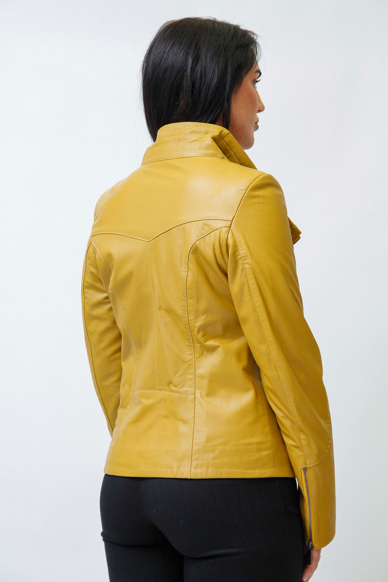 Kurze Damen Lammnappa Lederjacke Gelb tailliert mit asymmetrischen Reißverschluss