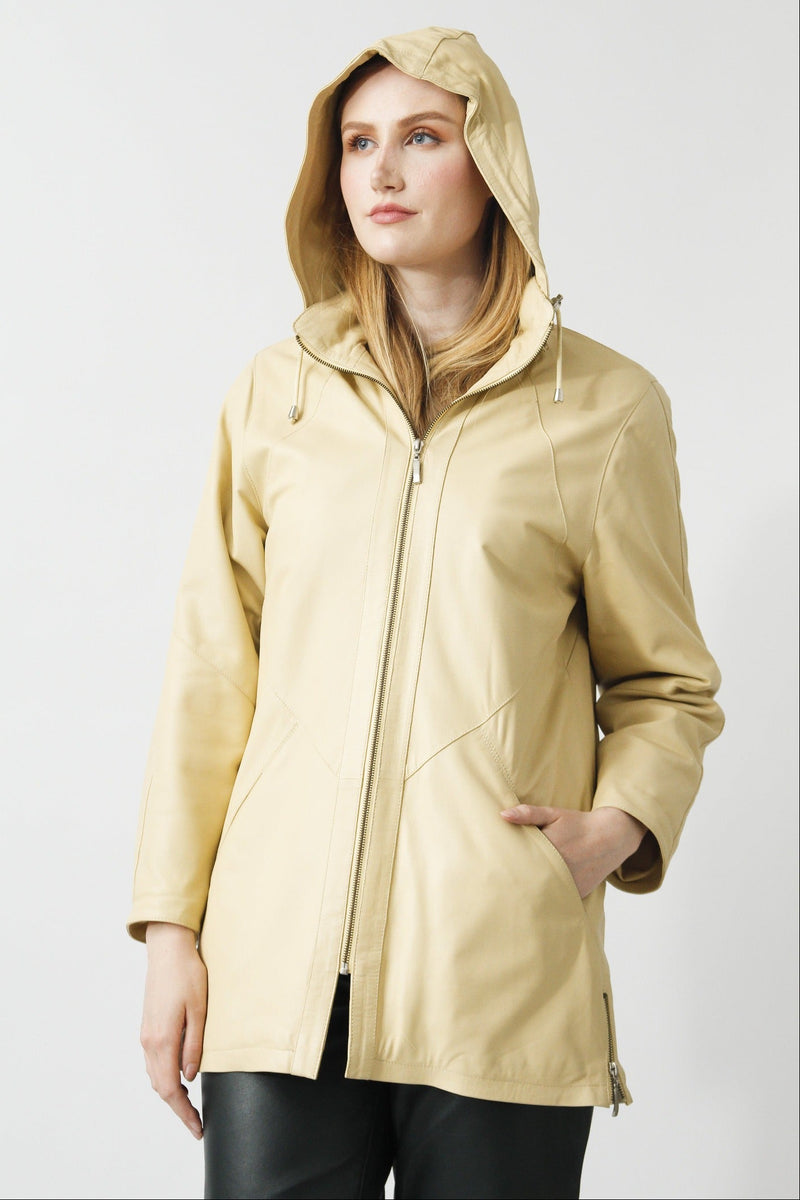 Lange sportliche Damen Lederjacke Lammnappa in Vanille mit Kapuze
