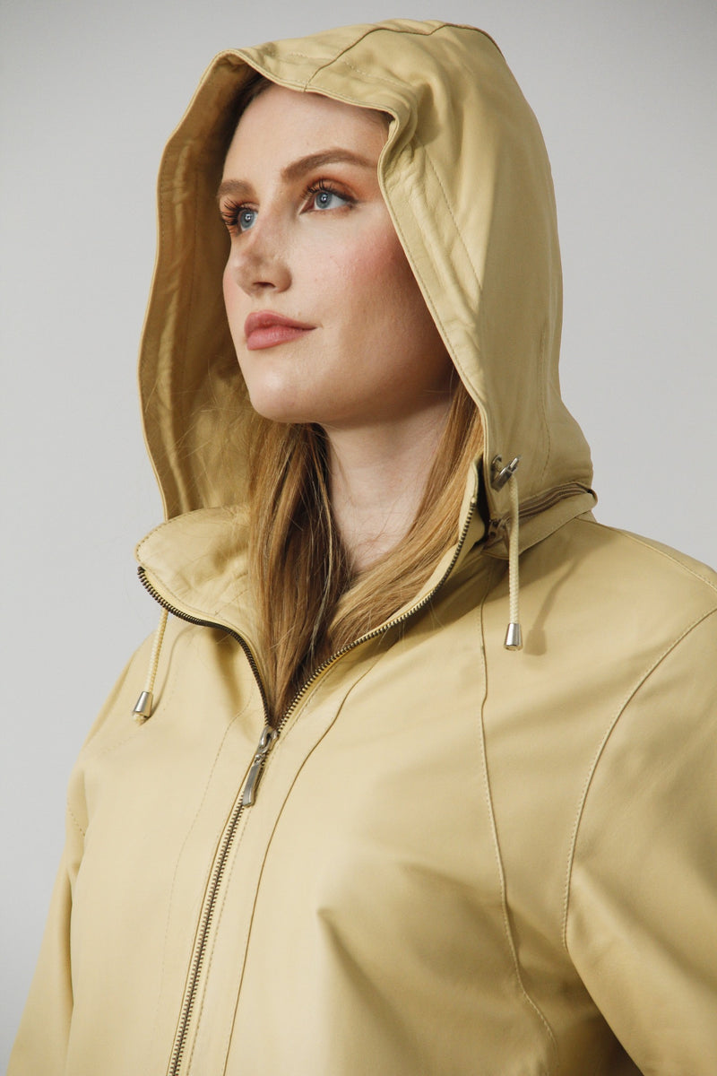 Lange sportliche Damen Lederjacke Lammnappa in Vanille gelb mit Kapuze