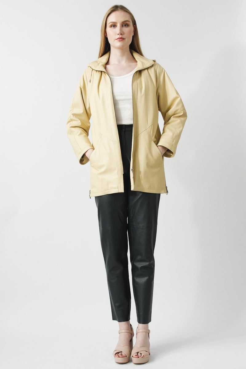 Lange sportliche Damen Lederjacke Lammnappa in Vanille mit Kapuze