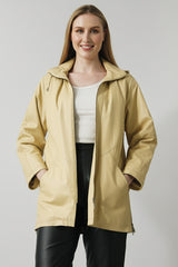 Lange sportliche Damen Lederjacke Lammnappa in Vanille mit Kapuze