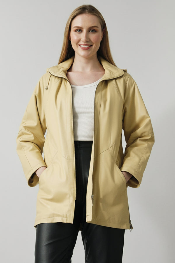 Lange sportliche Damen Lederjacke Lammnappa in Vanille mit Kapuze