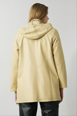 Lange sportliche Damen Lederjacke Lammnappa in Vanille gelb mit Kapuze