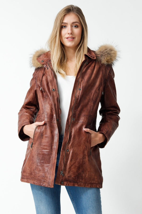 Damen Lederparka Lammnappa Braun Vintage Look mit Kapuze und Finnraccoonbesatz