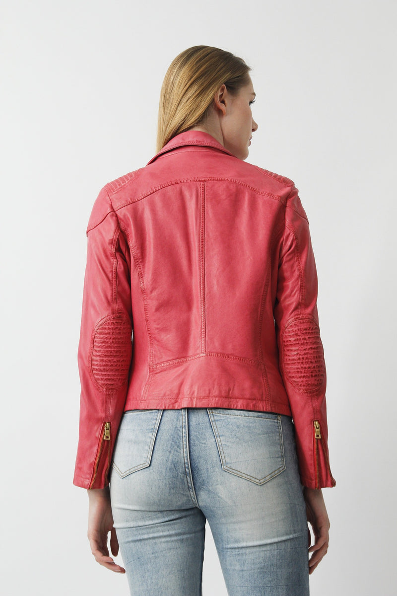 Figurbetonte Damen Lederjacke als Bikerjacke in Vintage Rot aus Lammnappa