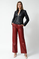Damen Bikerstyle Lederjacke aus Lammnappa in schwarz mit Stehkragen