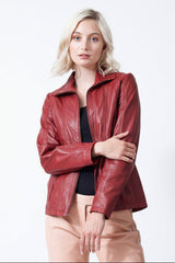 Taillierte echte Damen Lederjacke mit Reißverschluss in Lammnappa rot vintage ungefüttert