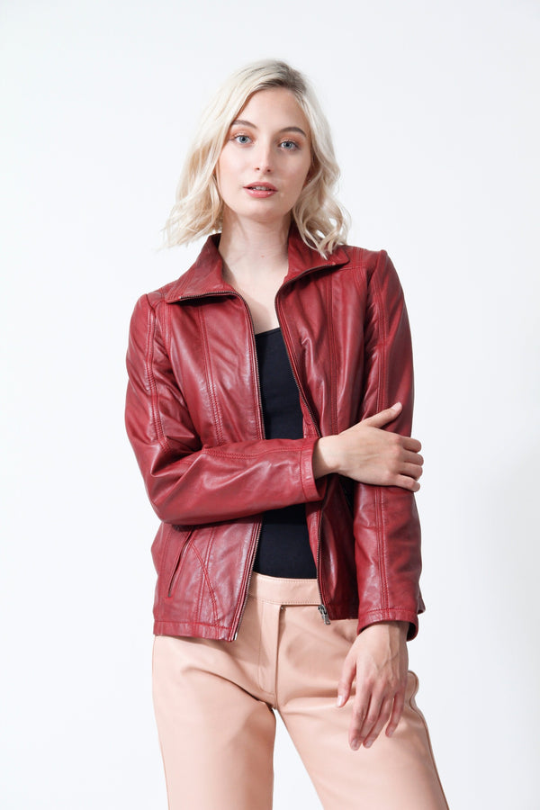 Taillierte Damen Lederjacke mit Reißverschluss in Lammnappa rot vintage ungefüttert