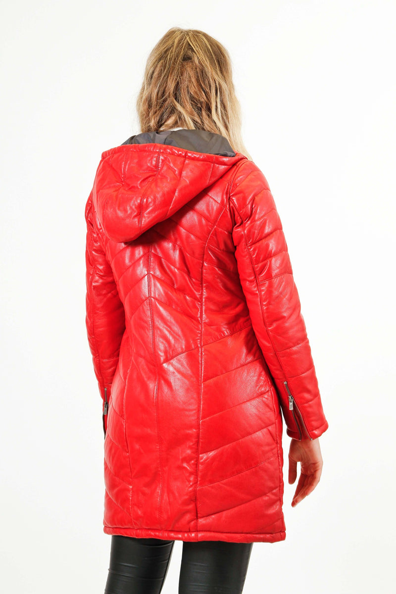 Gesteppter Damen Lederparka aus Lammnappa in Rot mit Kapuze
