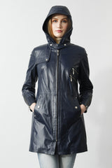 leichte sportive Damen Lederjacke in Lammnappa Qualität mit Kapuze in Blau 
