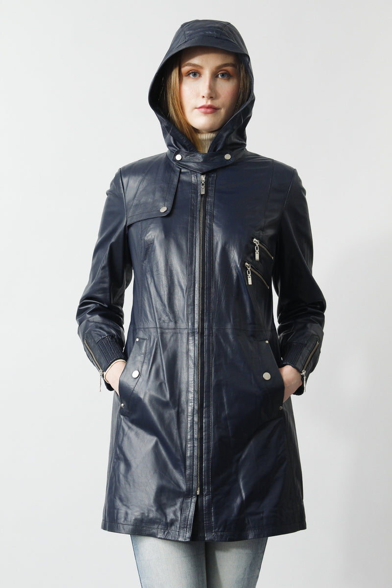 leichte sportive Damen Lederjacke in Lammnappa Qualität mit Kapuze in Blau 