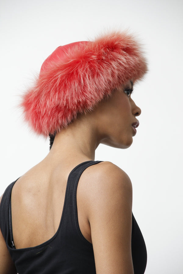 Damen Winter Lederkappe mit Blaufuchsrand  in Rot, Leder Schmidt Online 