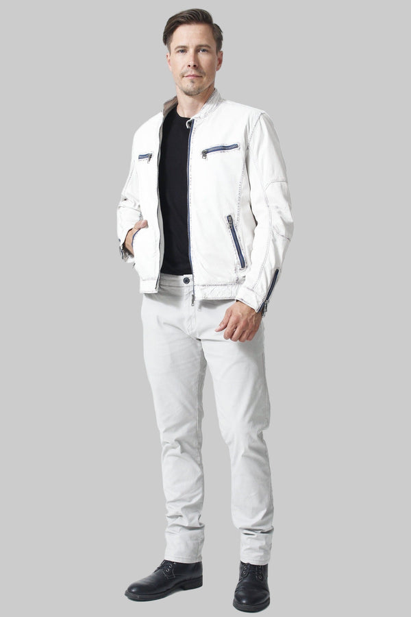 Herren Leder Jacke Lammnappa in Offwhite Blau mit Stehkragen hochschließbar